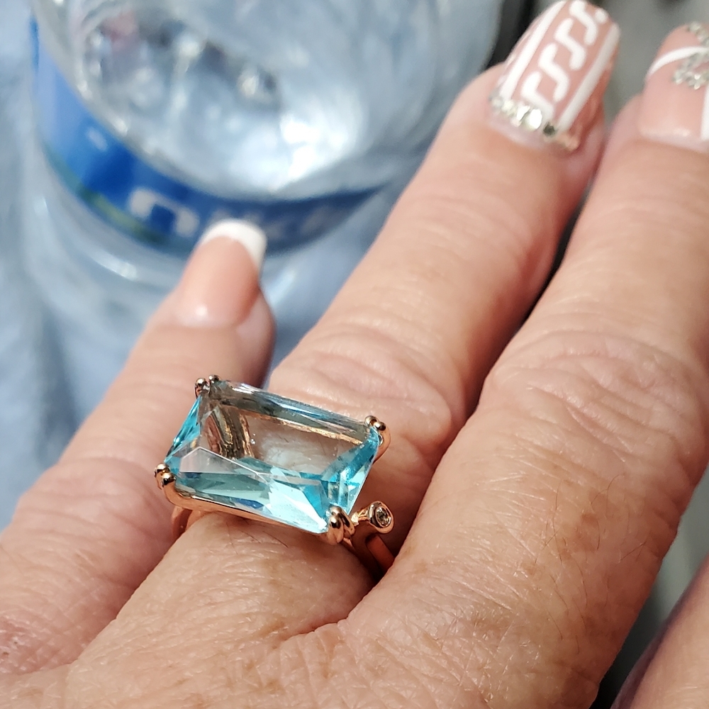 18K Gold Plated Blue Aquamarine  Rose Gold 💍Ring